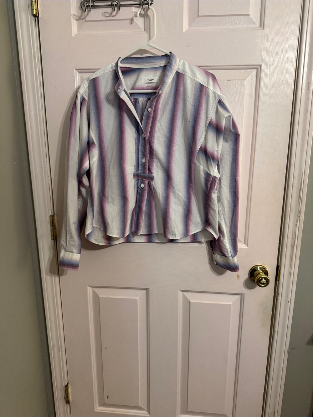 Isabel Marant Striped Popover Shirt in White, Lavender & Blue